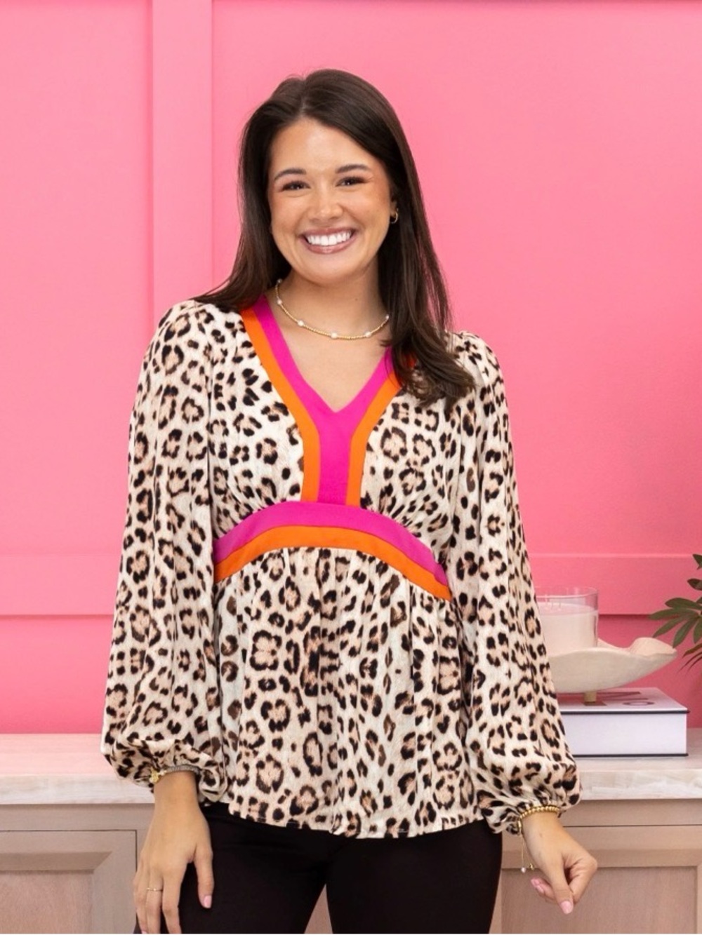 Leopard Print V-Neck Blouse with Pink & Orange Trim